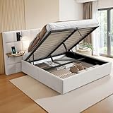 LUXOAK Polsterbett mit Stauraum, Leselampen, USB- & Typ-C-Anschlüssen, seitlichen Ablagen, Gasdruckfeder-Stauraum,Modernes Stoffbett, 140×200cm, Cremeweiß