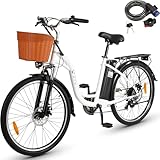 DYU EBike Elektrofahrrad,26 Zoll Fahrrad Elektro mit 6-Gang Shimano Kettenschaltung,12.5Ah 36V Abnehmbarer Akku,Sitzhöhe Verstellbar,City Bike mit Korb für Erwachsene City Pendler, Mit Stoßdämpfer