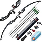 D&Q Pfeil und Bogen Set Bogenschießen für Erwachsene Recurve Bogen rechte Hand 50 Zoll 40 Pfund mit 6 Stück Gemischter Carbonpfeil (Schwarz, 40 Pfund)