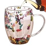 Getrocknete Blumen Glas Teetasse, Doppelwandige Glasbecher, Schöne Teetasse Mit Griff, Getrocknete Blumen Doppelwandige Gläser, Elegante Tasse Mit Trockenblumen Design, Für Kalte Getränke