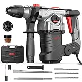 ZKH 1500W SDS-Plus Bohrhammer, 6 Joule Abbruchhammer mit 4 Funktionen | 0-850U/min | 32mm Bohrleistung | Sicherheitskupplung | Vibrationsgriff | TiefenanschlaIg | inkl. 3 Bohrer und 2 Meißel