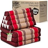 livasia Thaikissen mit 3 Auflagen - 175x50x8cm - Dreieckskissen mit Klappmatratze, Keilkissen Kapok, Rückenkissen faltbar, Thaimatte zum Klappen, handgefertigt, Meditationskissen (Rubinrot)