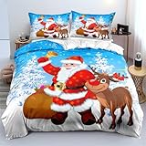 Gezu Bettwäsche Weihnachten 135x200 Blau Weiß Rot Rentiere Schneeflocken Der Weihnachtsmann 3D Muster Bettbezug mit Reißverschluss Super Weich Microfaser Weihnachtsbettwäsche Set und Kissenbezug 80x80