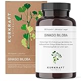 Kurkraft Ginkgo Biloba 6000-365 Kapseln OHNE Trennmittel - 50:1 Extrakt - Flavonglykoside + Ginkgolid-Terpenlactone - unter 1ppm Ginkgolsäure - Vegan