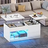 YITAHOME Couchtisch Höhenverstellbar, Couchtisch Hochglanz mit Hebeplatte, Wohnzimmertisch mit verstecktem Ablagefach und LED Beleuchtung Modern, Beistelltisch mit Stauraum für Home Office