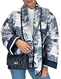 COZYPOIN Damen Steppjacke Cropped Front Open Print Langarm Leicht Verdickt Floral Outwear Mantel, Marineblau, S
