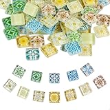 Mosaiksteine zum Basteln Mosaik Steine Bunt,Mosaiksteine Enthält 12 Verschiedene Druckmuster,DIY Quadratisch Glasmosaik für Bilderrahmen Vasen Untersetzer Stifthalter Heim Deko,81 Stück