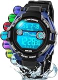 DTKID Digitale Kinderuhr Jungen Mädchen, 7-Farben-LED, Armbanduhr Kinder mit Wecker, Stoppuhr, Datum, 5 ATM wasserdichte Outdoor Sportuhr Kinder Uhren für Teenager (Schwarz Blau)