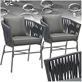 tectake® Gartenstühle Set, Geflecht-Stuhl, Gartenstuhl Rope, Stühle Outdoor, Balkon Sessel, Terrassenmöbel mit Sitzpolster und Kissen für Garten, als Terrassenstuhl, Gartensessel - 2er Set