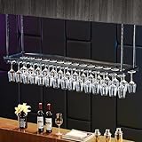 LMYFGHRD Verstellbares Weinregal zum Aufhängen, schwarze Deckenmontage, Weinflaschen- und Glashalter für Bars und Küchen (120 x 35 cm)