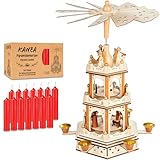 BRUBAKER Weihnachtspyramide inkl. 50er Pack Pyramidenkerzen Rot - Holzpyramide mit 3 Etagen & Holz Figuren Handbemalt - 45 cm Pyramide Weihnachten - Drehbare Tischpyramide - Natur
