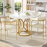 Essgruppe 5-teilig, runder Esstisch mit 4 Stühlen Set, modernes Küchentisch-Set mit weißer MDF-Tischplatte, robusten Eisenbeinen, Samt-Stühlen für Esszimmer & Küche