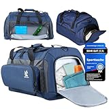 VL® Sporttasche groß – Reise-Tasche & Trainingstasche für Damen & Herren – mit Schuh-Fach, Nass-Fach & isoliertem Kühlfach – Gym Bag, Fitnesstasche, Weekender wasserabweisend | 50 L Blau-Schwarz