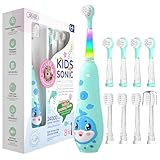 Seago Elektrische Zahnbürste Kinder 0-6 Jahre mit Buntem LED Licht, Magnetisches USB-Ladekabel, Smart Timer, Wiederaufladbare Baby Zahnbürste mit 8 Weiche Bürstenköpfen, IPX7 Wasserdicht, SG2139(Blau)