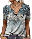 GRMLRPT Tops für Damen Kurzarm Rundhal T-Shirts Tunika Oberteile Bedruckte Blusen für Mädchen Elegant Lässige Hemd Knopfleiste(Blau- Kurzarm,XL)