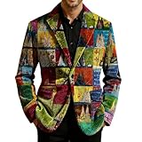 Herren Sakko Karneval Kostüm Clown Print Cord-Optik Pailletten-Design Blazer Bunt Gestreift Vintage Zirkus Jacke für Fasching Halloween Mottoparty