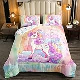 Erosebridal Regenbogen-Einhorn-Bettwäsche-Set, komplett für Mädchen, rosa, lila, gelb, grün, Batik-Bettwäsche-Set, Einhorn-Kinder-Bettwäsche-Set für Jungen und Mädchen, niedliches Schlafzimmer-Dekor,