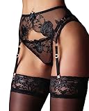 NewBull Damen Strapsgürtel Spitze Strumpfhalter Strapsen Slips Dessous Set Strumpfband Hosenträger Hüfthalter (Shwarz)