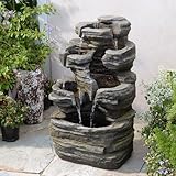 6-stufiger Kaskadenbrunnen mit LED-Beleuchtung, inkl.Pumpe 62 cm hoch,Steingrau für Terrasse, Balkon,Vorgarten Natursteinoptik-Wasserfall,Außendeko
