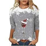 Weihnachtstunika-Oberteil für Damen, 3/4-Ärmel, Bluse, Damen-Weihnachtspullover, Rotweingläser, T-Shirts, Hemden, Basic, Weihnachten, Grafik-T-Shirt, Büro, Arbeit, elegantes Oberteil,