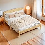 Autheria Bett 160x200 Holzbett, Massivholz Doppelbett Rattanbett, Jugendbett Erwachsenenbett 160X200cm mit Rattannetzkissen mit 15 Latten und Mittelfüße, Kiefer + PE-Rattan Materials, Natur