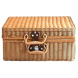 Sosoport Vintage Aufbewahrungsbox mit Griff Handgewebter Retro Koffer aus Simuliertem Rattan Kleinformatiger Aufbewahrungskorb mit Innenfutter und Verschluss Ordnung für Haushalt