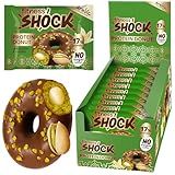 FitnesSHOCK Protein Donut Kekse-Biskuit in dunkler Schokolade mit Streuseln, 12g/17% Eiweiß ohne Zuckerzusatz ballaststoffreicher Snack mit Vanille-Füllung Palmölfrei - Pistazien Geschmack 9x70g