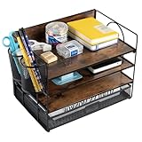 ZNMYDMT 4-stufiger Schreibtisch-Organizer und Zubehör, Papier-Briefablage-Organizer, Vintage-Holz-Schreibtisch-Akten-Organizer mit Schublade und 2 Stifthaltern für Schule, Zuhause, Bürobedarf