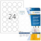 HERMA 8023 Wetterfeste Folien-Etiketten DIN A4 transparent (Ø 40 mm, 25 Blatt, Polyesterfolie, glänzend, rund) selbstklebend, bedruckbar, permanent haftende Klebefolie, 600 Klebeetiketten