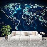Fluoreszierend Weltkarte 3d Tapete - 200x140 cm, Fototapete Schlafzimmer - Deko Wohnzimmer - Wallpaper - Dunkelblau - Wand Poster - Wandtapete - Tapete - Wanddeko - Vliestapete