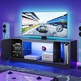 Bestier TV-Schrank 145x35x52 cm für Fernseher bis 65 Zoll mit RGB LED-Beleuchtung (22 Farben) & verstellbaren Glasböden - Lowboard für Wohnzimmer, Schlafzimmer (Schwarze Kohlefaser)