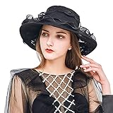 Damen Organza Hut Wide Brim Sonnenhut Blumen Schlapphut Sonnenschutz Strandhut mit Kinnriemen Sommerhut UV-Schutz Sonnenmütze Fascinator Hut Elegant Kappe für Urlaub Hochzeit Kirche Party (Schwarz)