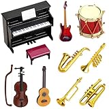 Miniatur Zubehör,10 Stück Puppenhaus Mini Musikinstrument Modell,Miniatur Puppenhaus Set,Miniatur Deko Mini Puppenhaus,1:12 Klavier E-Gitarre Miniatur Geige Trompete Saxophon