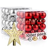 Menz Weihnachtskugeln 101er Rot & Silber mit Glanz Matt Glitter 3 4 6cm inklusive Sternspitze hochwertige Christbaumkugeln perfekte Weihnachtsdeko für jeden Baum