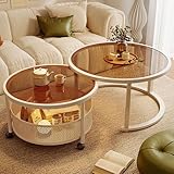 Couchtisch 2er Set, Runder Wohnzimmertisch mit Riemenscheibe, Platzsparend, Kleiner Couchtisch mit Stauraum, Living Room Table for Wohnung