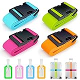 Koffergurte 4 Stück, Verstellbare Kofferband mit Adressschild, 4 Farben Kreuzgurt Kofferbänder für Koffer Markierung, Reisezubehör Gepäckgurt Luggage Strap zum Sicheren Verschließen (4 Farben)