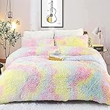 Sacebeleu Plüsch Bettwäsche Set 135x200cm Bunt Warme Winter Flauschig Flanell Biber Mädchen Bettbezug mit Reißverschluss und 1 Kissenbezug 80x80cm