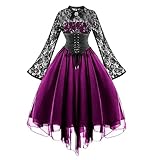 Gothic Kleid Damen, Halloween Kleid Damen Cocktailkleider für Damen - Modisch - GothicStil - 1950Er-Jahre Midikleid - Croset - Langes Flare-Ärmel-Partykleid In A-Linie (S)