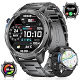 GPS Smartwatch Herren Militär,500 mAh Akku/1.43‘’ AMOLED Display Sportuhr mit Taschenlampe/120+ Sportmodi,5ATM Wasserdicht Fitnessuhr mit Herzfrequenz,Schlafmonitor Android iOS 2 Armbänders