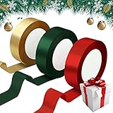 Annhao Geschenkband Weihnachten, 25mm x 69M Schleifenband Weihnachten 3 Rollen Satinband Rot Dunkelgrün Gold zum Basteln Geschenkverpackung, Dekoband für Weihnachten Geschenk Hochzeit Geburtstag Party