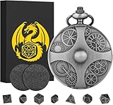 Mini DND Würfel Set mit Steampunk Getriebe Taschenuhrgehäuse, 7-teiliges Polyedrisches Metall D&D Würfel Set, DND Geschenke mit Geschenk Box, Rollenspiel Brettspiel Zubehör, Dunkles Silber