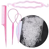 LilaLemon 2500 Stück extra lange 13 mm Haargummis mit Haargummis zum Entfernen, unzerbrechliche elastische Haarbänder mit Topsy Tail Haarwerkzeuge, transparente Haargummis für Haarzöpfe