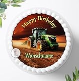 Für die Geburtstags Torte mit Wunschnamen, Zuckerbild Traktor, Essbares Foto für Torten, Fondant, Tortenaufleger Ø 20cm, 0601c