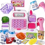BUYGER 34 Stück Elektronische Kasse Spielzeug Supermarkt Registrierkasse mit Scanner Mikrofon Kaufladen Zubehör Rollenspiel Spielzeug für Mädchen Jungen ab 3 Jahre (Rosa), 25x12x16 cm