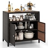 GYMAX Rattan Gartenschrank, Aufbewahrungsschrank mit Doppeltür, Buffetschrank mit Akazienholz Arbeitsplatte & offenes Regal, Haushaltsschrank, Beistellschrank für Balkon & Pool, 90x53x86cm (Braun)