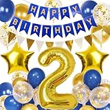 2 Geburtstag Dekorationen Jungen, Marineblau Gold Luftballons und Happy Birthday Banner, 40 Zoll Nummer 2 Foliengeburtstag Luftballons mit Geburtstag Wimpelkette, für Jungen Mädchen Geburtstagsdeko