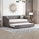 Ymkua Polsterbett Schlafsofa Sofabett 90x200 cm, Kinderbett Doppelbett Tagesbett mit Rollbett, Jugendbett Bett mit Lattenrost, Gästebett Wohnzimmer Schlafzimmer,Leinen, Ohne Matratze (Grau)