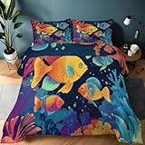 Bettdecke 4-Jahreszeiten Steppdecke 3-teilige Bettwäsche 135 x 200 cm Meeresszene Fisch Korallenmustern Weiche Microfaser Steppdecke Winter & Sommerdecke für Erwachsene, Kinder & Allergiker, Farbe
