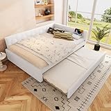 Daybett, 140*200cm Tagesbett, Schlafsofa, Bett mit Lattenrost (ohne Matratze), mit Nachttischlampe, mit multifunktionalem Ausziehbett, USB-Anschluss, Typ-C, Komfortmaterial, Vliesimitat, Weiß