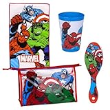 Marvel Avengers Kulturbeutel für Jungen, Kinder-Kulturbeutel im Avengers Design, Inklusive Becher, Haarbürste, Handtuch, Geldbörse, PVC-frei